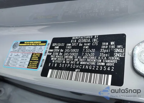 2022 Kia Telluride Sx z USA, uszkodzony, nr VIN 5XYP5DHCXNG223542